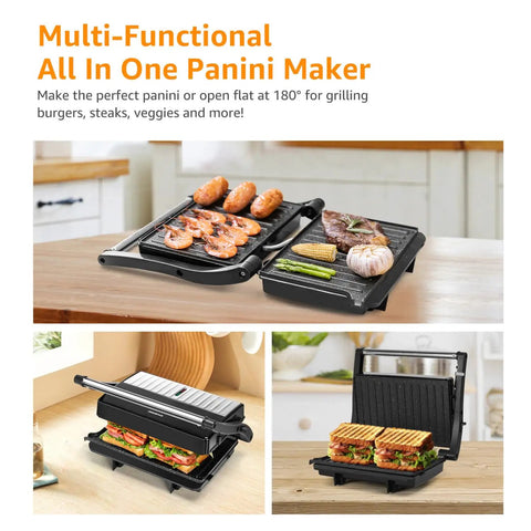 Aigostar Silver 1000W Panini Press Grill With Ceramic Nonstick Plates For Even Cooking bacon, burgers, chicken steaks, and reheating personal pizza, compact size with grill top.