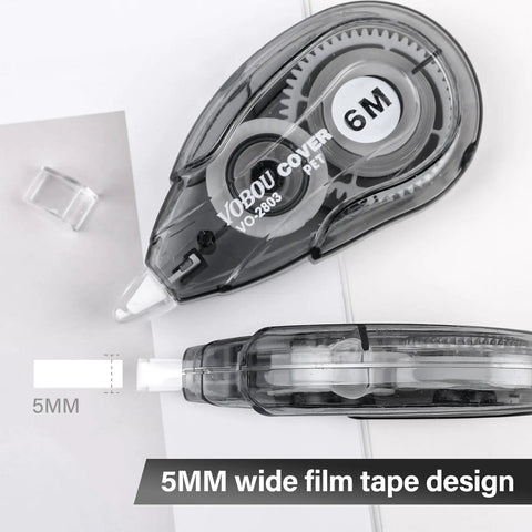 White Correction Tape Dispenser Set For Quick Clean Edits Left Or Right Hand Friendly 12 Pack Each 6M Long 0.2 Inch Tape Width School And Office Essentials Instant Rewriting With No Ghosting Or Paper Damage shown in black design with 5mm label