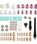 87 Piece TIG Welding Torch Kit with gas lens, alumina cups, glass cups, stubby back cap, copper collets for WP 17 18 26 torches