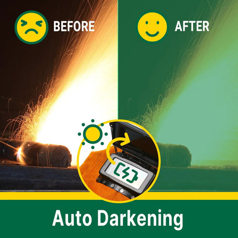 Auto Darkening Welding Helmet With Flip Open Lens comparison of spark protection before and after use.
