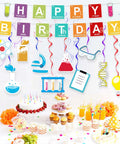 Periodic Table Birthday Banner And Chemistry Theme Backdrop For Science Classroom Party Decor Dope Durable Reusable Fabric Lab Theme Decorations Includes One Happy Birthday Banner And Ten Hanging Swirls For Boys And Girls with science elements