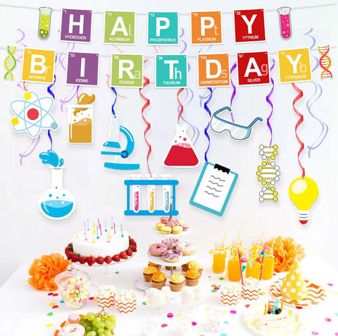 Periodic Table Birthday Banner And Chemistry Theme Backdrop For Science Classroom Party Decor Dope Durable Reusable Fabric Lab Theme Decorations Includes One Happy Birthday Banner And Ten Hanging Swirls For Boys And Girls with science elements