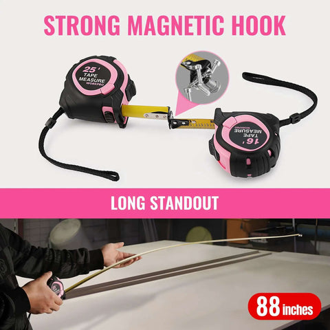 25 Foot Tape Measure With Fractions, Retractable Steel Blade, Magnetic Hook, Three Brake System, Nylon Coating in Pink