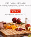 Killer Size Top Shelf Teak Wood Cutting Board 20X15 Inches Food Safe kitchen prep with sliced fruits and vegetables.