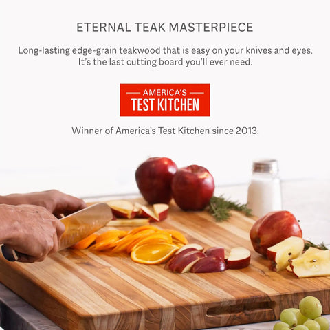 Killer Size Top Shelf Teak Wood Cutting Board 20X15 Inches Food Safe kitchen prep with sliced fruits and vegetables.