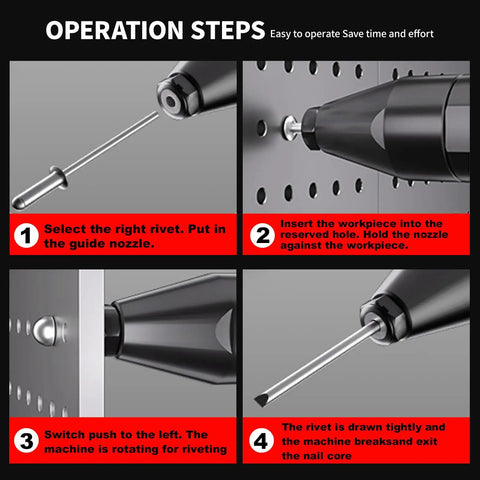 Operation steps for Cordless Rivet Gun For 18V Batteries Brushless Blind Riveter Kit Electric Riveter Tool For Rivets.