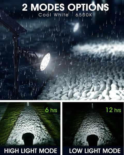 Multicolor Solar Lights Outdoor Pack Of 4 With 18 LEDs Waterproof Landscape Spotlights in cool white, high and low light modes shown.