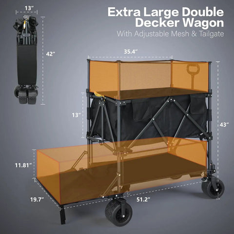 Heavy Duty Double Decker Collapsible Wagon With Retractable Mesh And Tailgate 600L Capacity on gray background showing dimensions