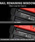 Nail remaining window of Cordless 18 Gauge Brad Nailer 2 In 1 Electric Nail Gun With 20v Batteries shows capacity for 100 nails.