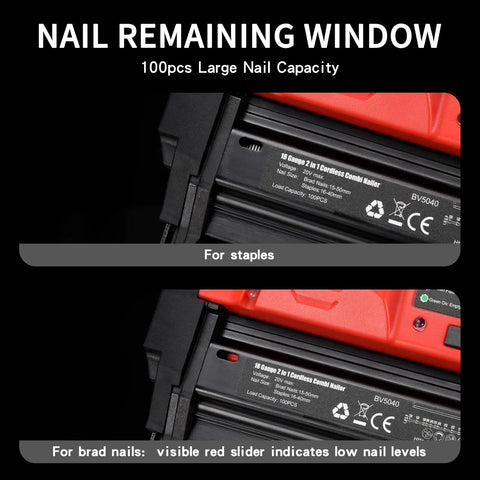 Nail remaining window of Cordless 18 Gauge Brad Nailer 2 In 1 Electric Nail Gun With 20v Batteries shows capacity for 100 nails.