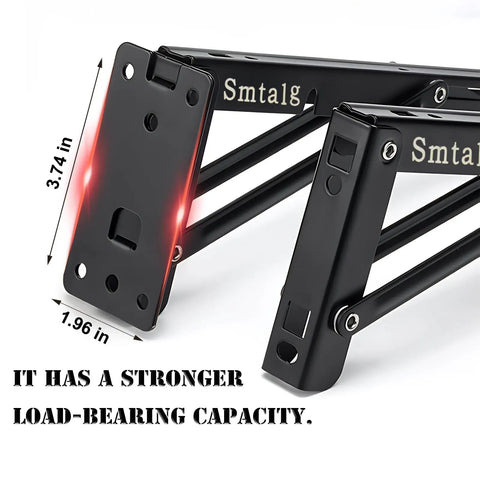 Tough As Nails 18 Inch Folding Shelf Brackets Two Pack Detachable Wall Supports with sturdy black metal frame, showing load capacity dimensions.