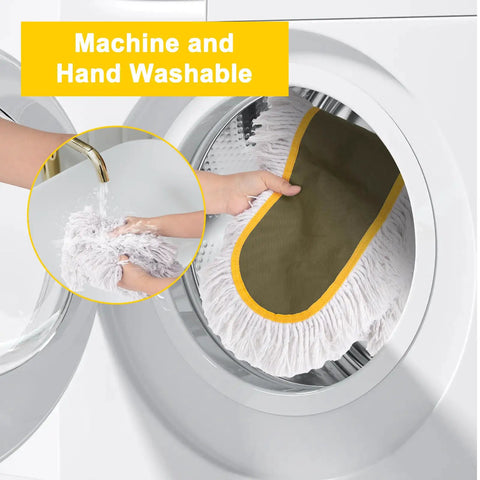 Heavy Duty 2 Pack 36 Inch Cotton Dust Mop Replacement Heads being washed in machine and by hand, showing cleaning versatility.