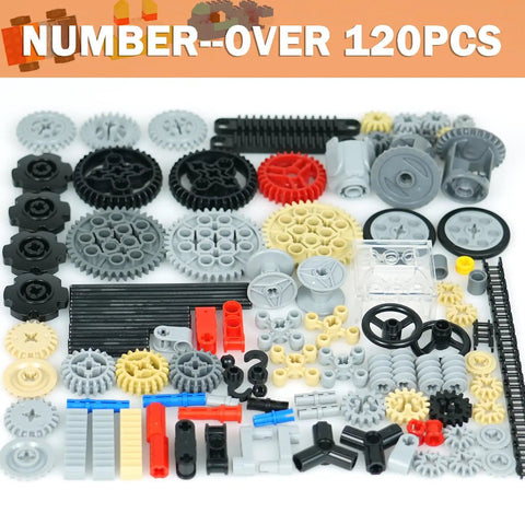 MaleKo Tech Gears And Axles Set Over 120 Pieces for MOC car building blocks, featuring gears, wheels, pins, differential and chain