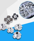 Carbon Steel T Nuts 4 Prong Blind Inserts M6 M8 for wood furniture with zinc plated finish and storage box visible in background.