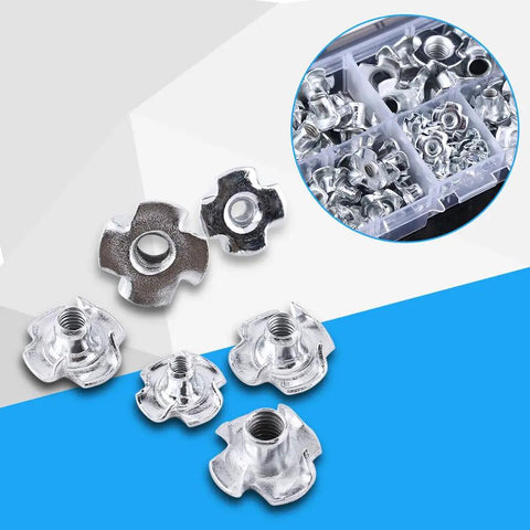 Carbon Steel T Nuts 4 Prong Blind Inserts M6 M8 for wood furniture with zinc plated finish and storage box visible in background.