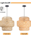 Bamboo Pendant Light For Kitchen Island And Living Room, Rattan Handwoven Hanging Fixture With Natural Bamboo Lampshade, Rustic Chandeliers, light on and off