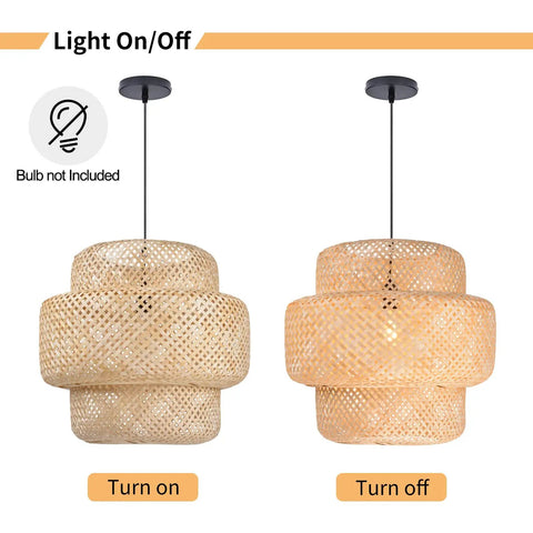Bamboo Pendant Light For Kitchen Island And Living Room, Rattan Handwoven Hanging Fixture With Natural Bamboo Lampshade, Rustic Chandeliers, light on and off