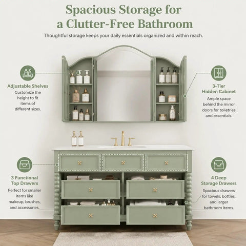 Slick Modern Bathroom Vanity With Floating Sink Cabinet Anti Fog Mirror Seamless Stone Basin On Solid Wood Delivers Smart Storage Sixty Inch Green Cabinet features adjustable shelves and ample storage.