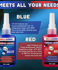 Blue and red high-strength thread locker bottles for nuts and bolts. Anaerobic adhesive for automotive and DIY projects.