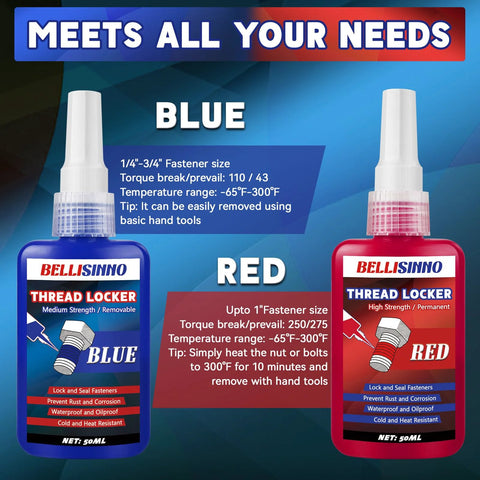 Blue and red high-strength thread locker bottles for nuts and bolts. Anaerobic adhesive for automotive and DIY projects.