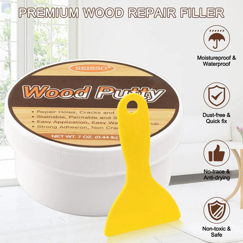 Water Based Wood Filler White Wood Putty For Trim And Cabinet Repair Paintable Stainable Formula 7 oz container with applicator