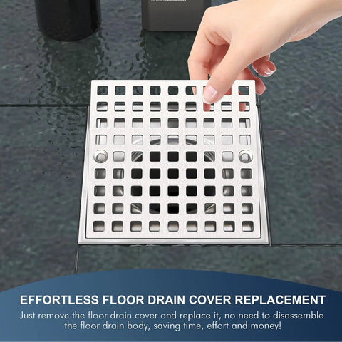 Hand replacing Built Tough Brushed Nickel Square Shower Drain Cover 3-7/8 Inches Wide Rust Resistant Stainless Steel.