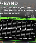 Close-up of 7-band equalizer controls on 12 Channel Digital USB Bluetooth Audio Mixer With MP3 Player, 48V Phantom Power, Built In Reverb, 256 Effects, Three Band EQ, Pro Grade Studio KTV Live Sound Console For Recording, Broadcasting, Concerts, Conferences, And Wedding Venues
