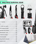 171-piece outdoor survival kit with MOLLE nylon bag; includes hatchet, knife, spork, lantern, shovel, and emergency tent.