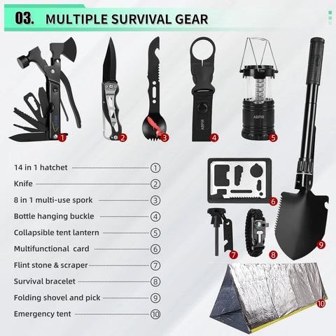 171-piece outdoor survival kit with MOLLE nylon bag; includes hatchet, knife, spork, lantern, shovel, and emergency tent.