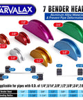 Front view of CAVALAX 90-degree ratcheting tube bender kit with seven color-coded aluminum heads for 1/4–7/8 in pipes.