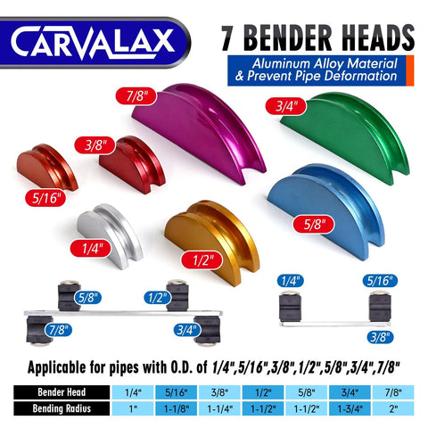 Front view of CAVALAX 90-degree ratcheting tube bender kit with seven color-coded aluminum heads for 1/4–7/8 in pipes.