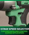 Close-up of the 18V cordless impact driver kit with a one quarter inch chuck and fuel gauge battery, highlighting speed selection feature.