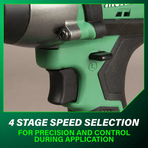 Close-up of the 18V cordless impact driver kit with a one quarter inch chuck and fuel gauge battery, highlighting speed selection feature.