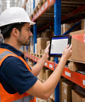 Badass Rugged Android Tablet With Integrated Honeywell N6703 Scanner Featuring Solid 8 Inch Display in use in a warehouse setting.