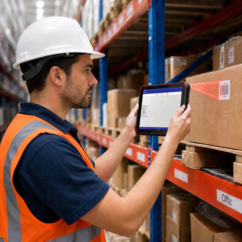 Badass Rugged Android Tablet With Integrated Honeywell N6703 Scanner Featuring Solid 8 Inch Display in use in a warehouse setting.