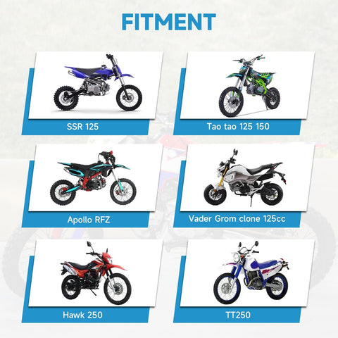 Image showing fitment for 428H Chain 130 Links with SSR 125, Tao tao 125 150, Apollo RFZ, Vader Grom clone 125cc, Hawk 250, and TT250.