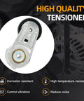 Jeep Wrangler 3.8L V6 Serpentine Belt Tensioner And Idler Pulley Beefed Up Heavy Duty Drive Kit Replacement For 2007 To 2011 Includes 39269 And 38018 One Year Warranty All In One Belt System showing a high-quality tensioner with corrosion resistance and vibration control features.