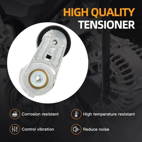Jeep Wrangler 3.8L V6 Serpentine Belt Tensioner And Idler Pulley Beefed Up Heavy Duty Drive Kit Replacement For 2007 To 2011 Includes 39269 And 38018 One Year Warranty All In One Belt System showing a high-quality tensioner with corrosion resistance and vibration control features.