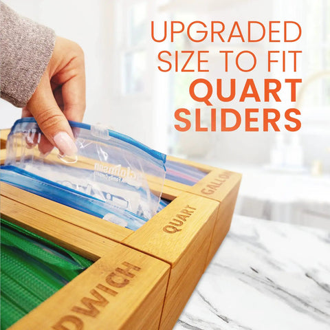 Slick Bamboo Bag Storage Organizer Ace Kitchen Drawer Dispenser Container Fits Ziplock Gallon Quart Sandwich And Snack Slider Bags No Sweat Pantry Makeover Fix with quart slider bag.