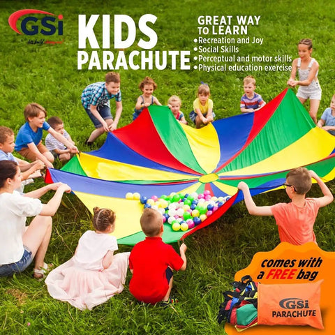 Children playing with a 12-foot rainbow parachute in a field, showcasing the Rainbow Parachute Play For Kids 12 Foot Playground Parachute For Cooperative Games Outdoor Gym Class And Indoor Play Durable Polyester Construction With CrossStitched Handles For Easy Group Fun.