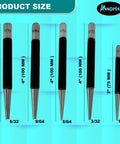 Set Of Five Round Head Center Punches For Metal And Woodworking Top Shelf Hand Tools showing sizes 5/32 to 1/16 in 4" and 3" lengths.