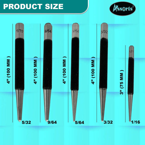 Set Of Five Round Head Center Punches For Metal And Woodworking Top Shelf Hand Tools showing sizes 5/32 to 1/16 in 4" and 3" lengths.
