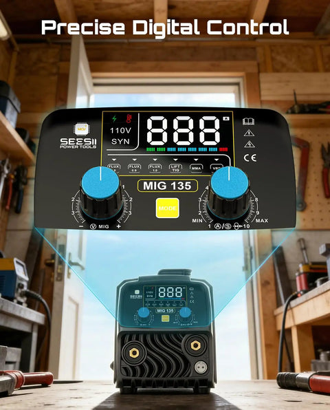 135A MIG Welder 110V 3 In 1 Gasless Flux Core Lift TIG Stick Welding Machine with large digital display in workshop
