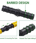 Close-up of a barbed fitting from Drip Irrigation Fittings Kit With Half Inch Tubing Set 40 Pieces Of Barbed Connectors Including 10 Tees 10 Couplings 10 Elbows And 10 End Cap Plugs Durable UV Stabilized Plastic For Quick No Fuss Garden Sprinkler System demonstrating barbed design for secure tube connection.