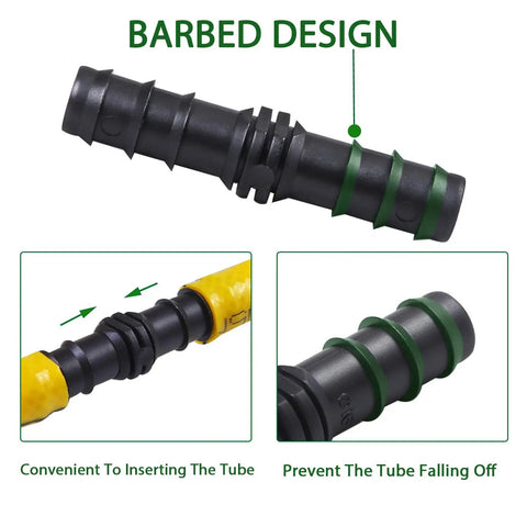 Close-up of a barbed fitting from Drip Irrigation Fittings Kit With Half Inch Tubing Set 40 Pieces Of Barbed Connectors Including 10 Tees 10 Couplings 10 Elbows And 10 End Cap Plugs Durable UV Stabilized Plastic For Quick No Fuss Garden Sprinkler System demonstrating barbed design for secure tube connection.