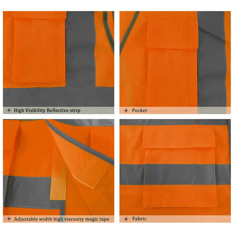 High Visibility Reflective Safety Vest Orange Breathable Unisex Adjustable Fit With Magic Tape Closure detail close-up