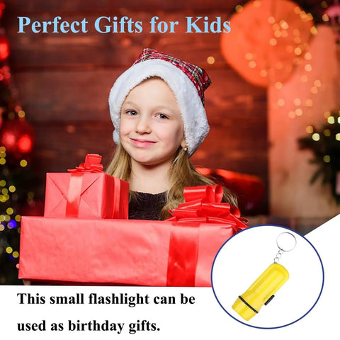 Child with gifts and Mini LED Flashlight Keychain 24 Pack Bulk Assorted Colors For Hiking Camping Parties Night Reading Kids Emergency Prep Hunting And Everyday Carry Tiny Portable Pocket Light.