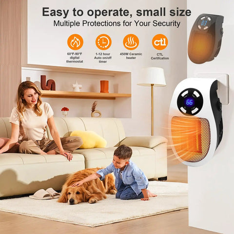 Compact 450W Mini Space Heater With Temperature Detection Remote Control Wall Outlet in living room with child and dog.