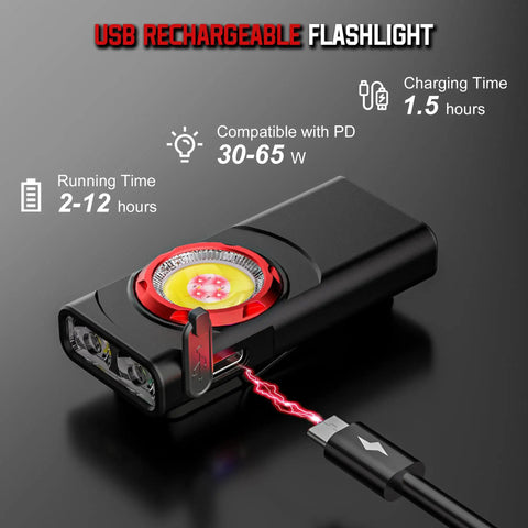 USB rechargeable flashlight with charging indicator, showing running time and power compatibility, black compact design.