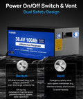 Power on/off switch and vent of Metal Case 36V 100Ah Pro Lithium Golf Cart Battery With LiFePO4 Battery Tech, dual safety design.